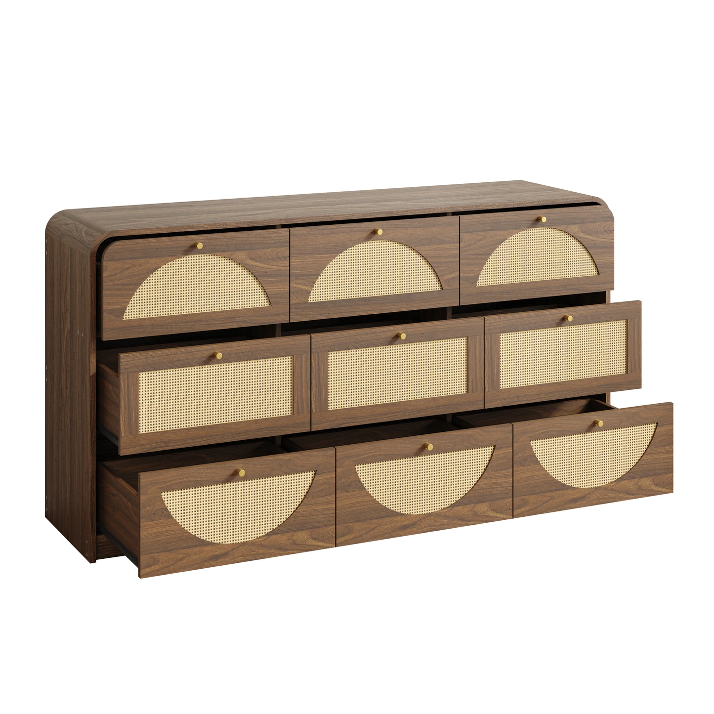 Modern 9-Drawer Dresser with Rattan Front - Walnut Finish