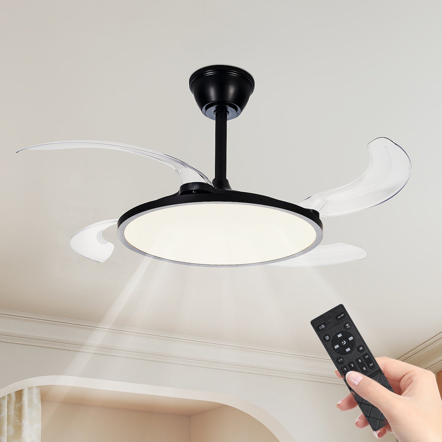 42-Inch Retractable Ceiling Fan with Light & Remote - Black