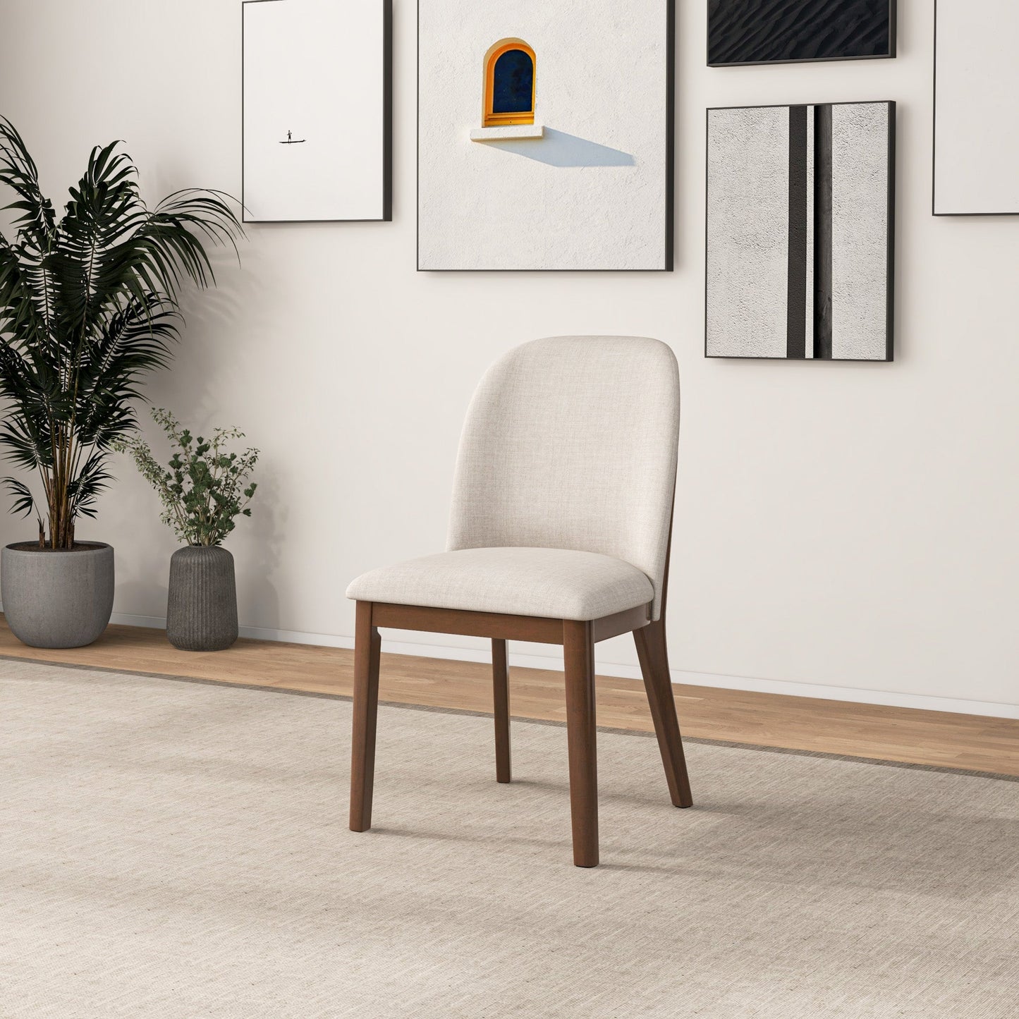 Mid-Century Modern Kaitlyn Beige Linen Dining Chair With Solid Wood