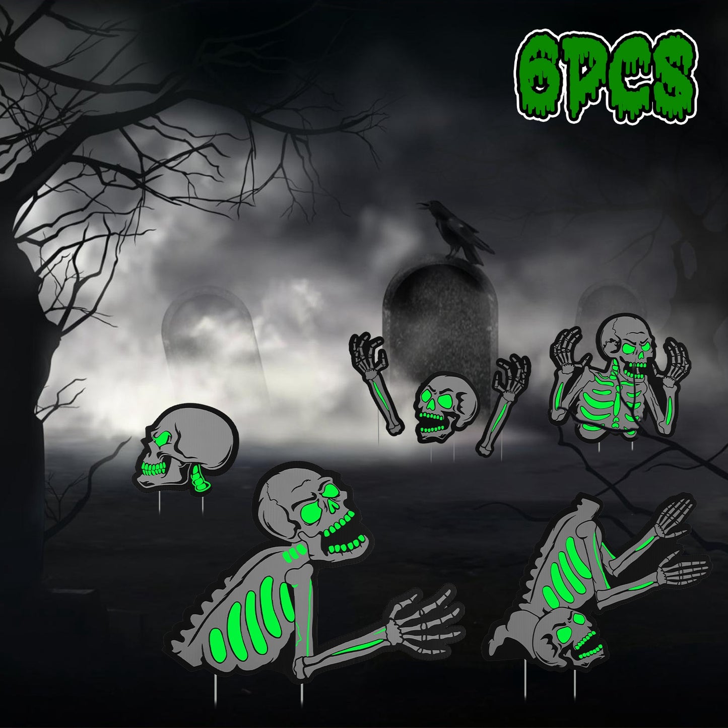Glow In The Dark Halloween Yard Sign Set - 6 Pcs Skeleton & Cat