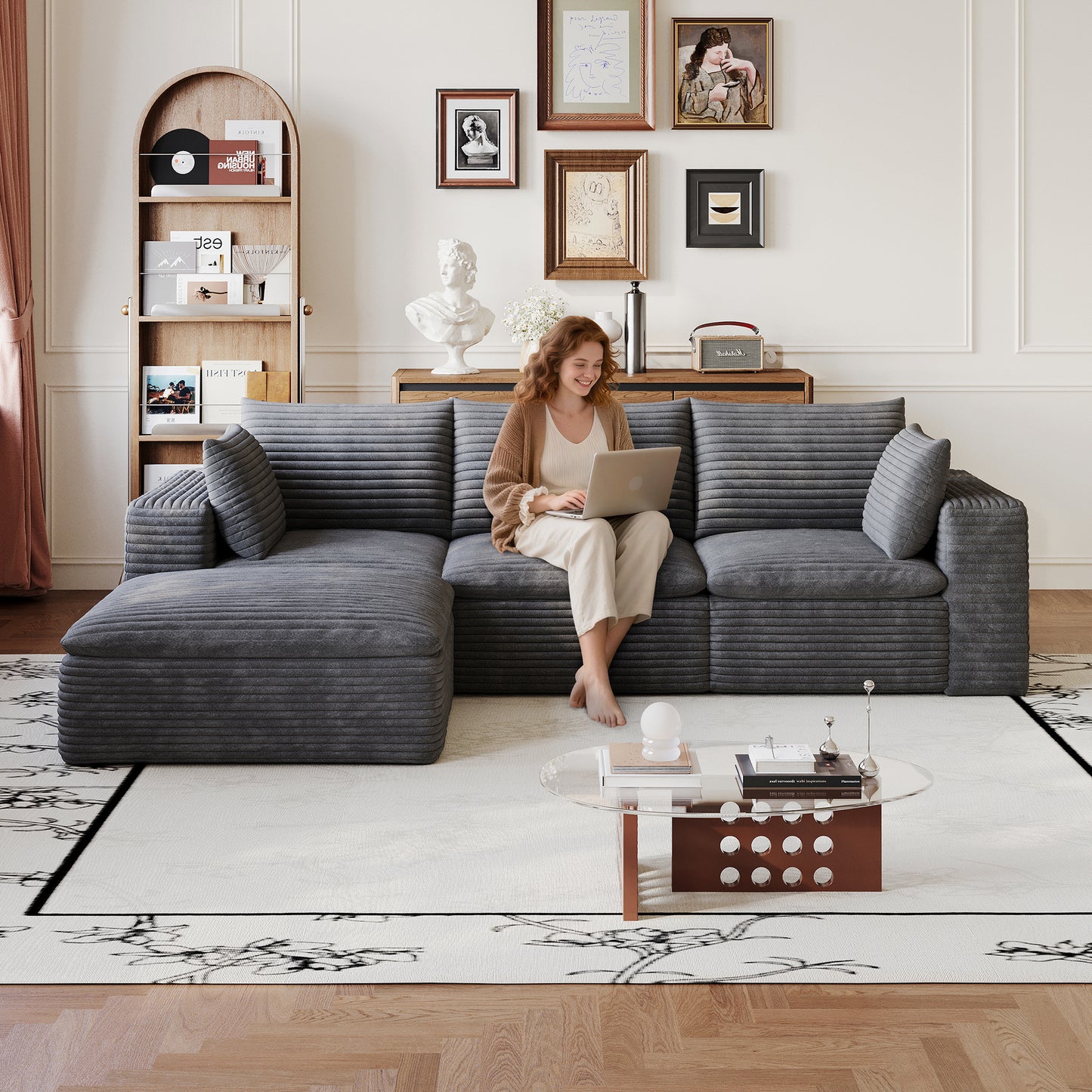 102" Cloud Sofa - Deep Seat Corduroy Fabric, Removable Cushion, Dark Grey