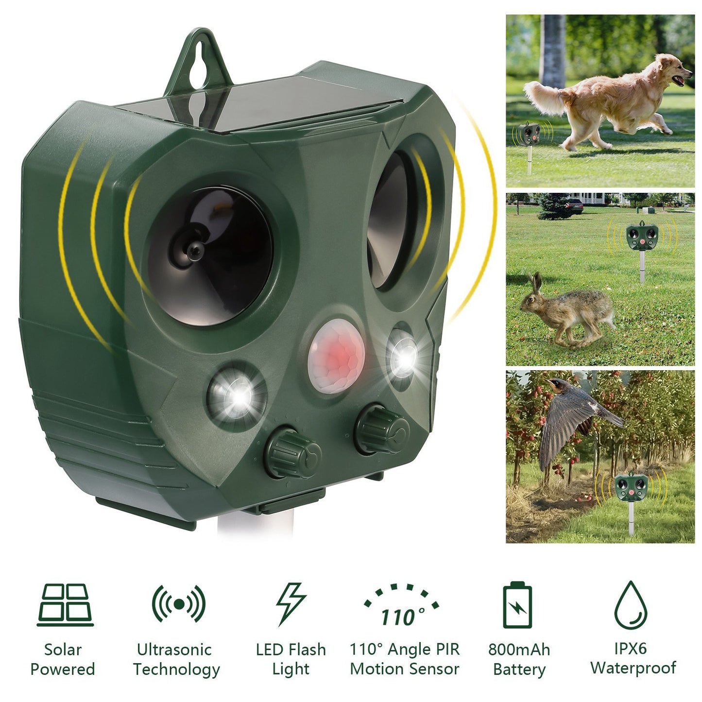 Solar Ultrasonic Animal Repeller with Motion Sensor & LED Lights for Garden Yard