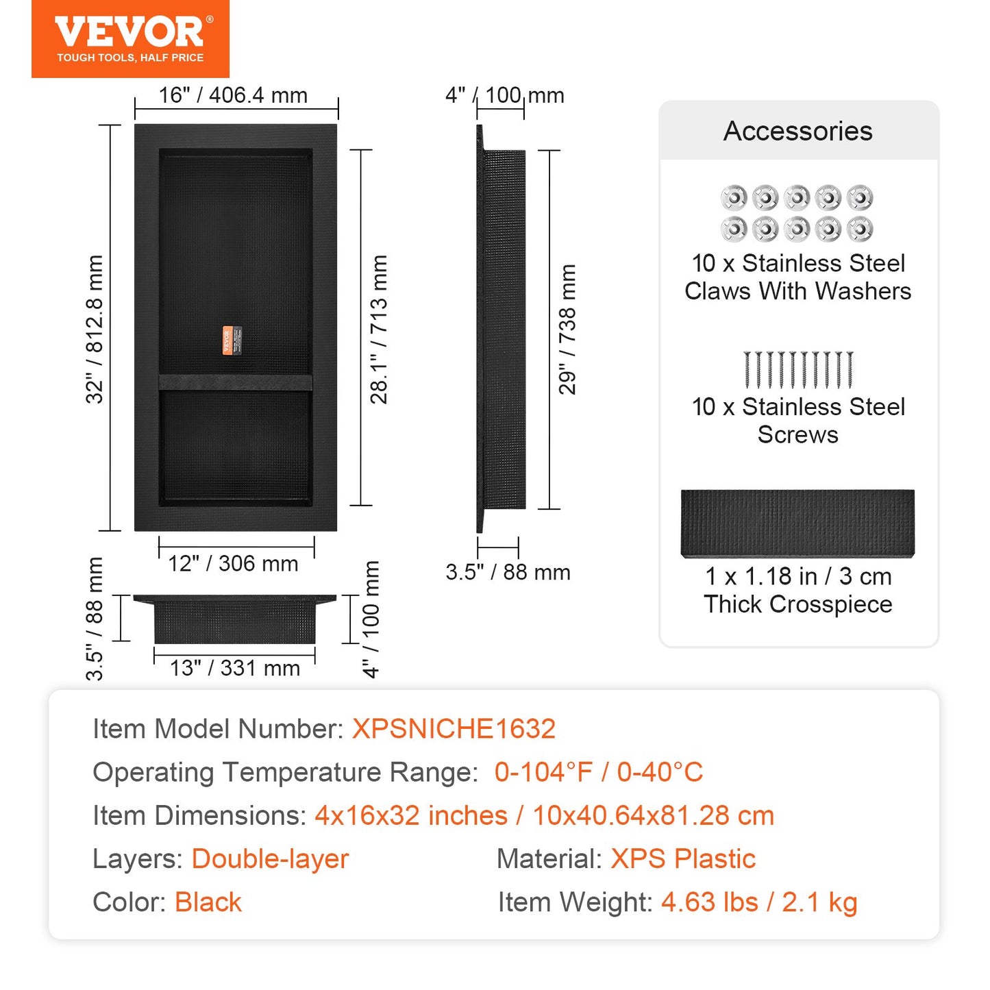 Recessed Shower Niche with Double Shelf Organizer - Black