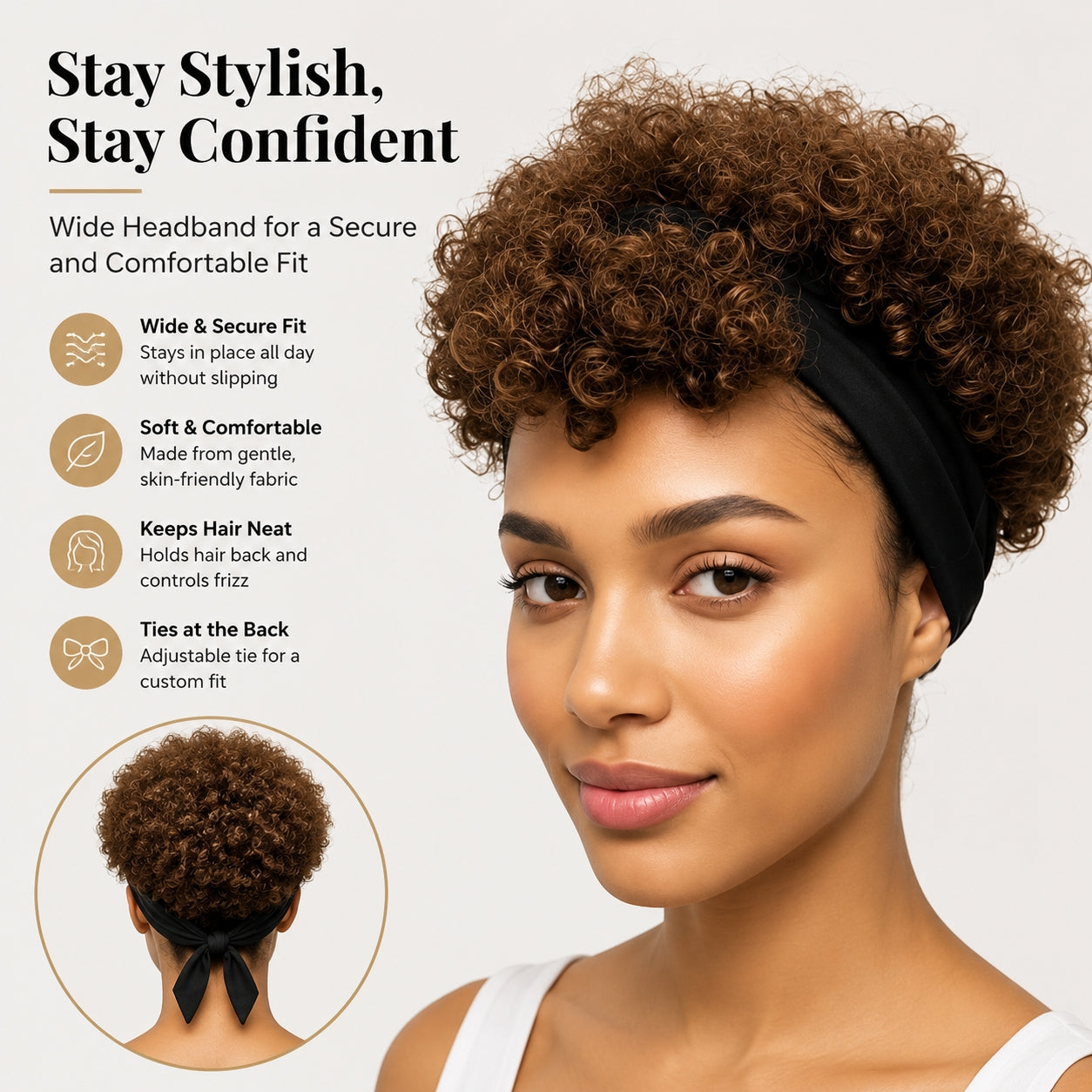 Short Kinky Curly Afro Puff Headband Wig - Natural Brown Glueless Synthetic