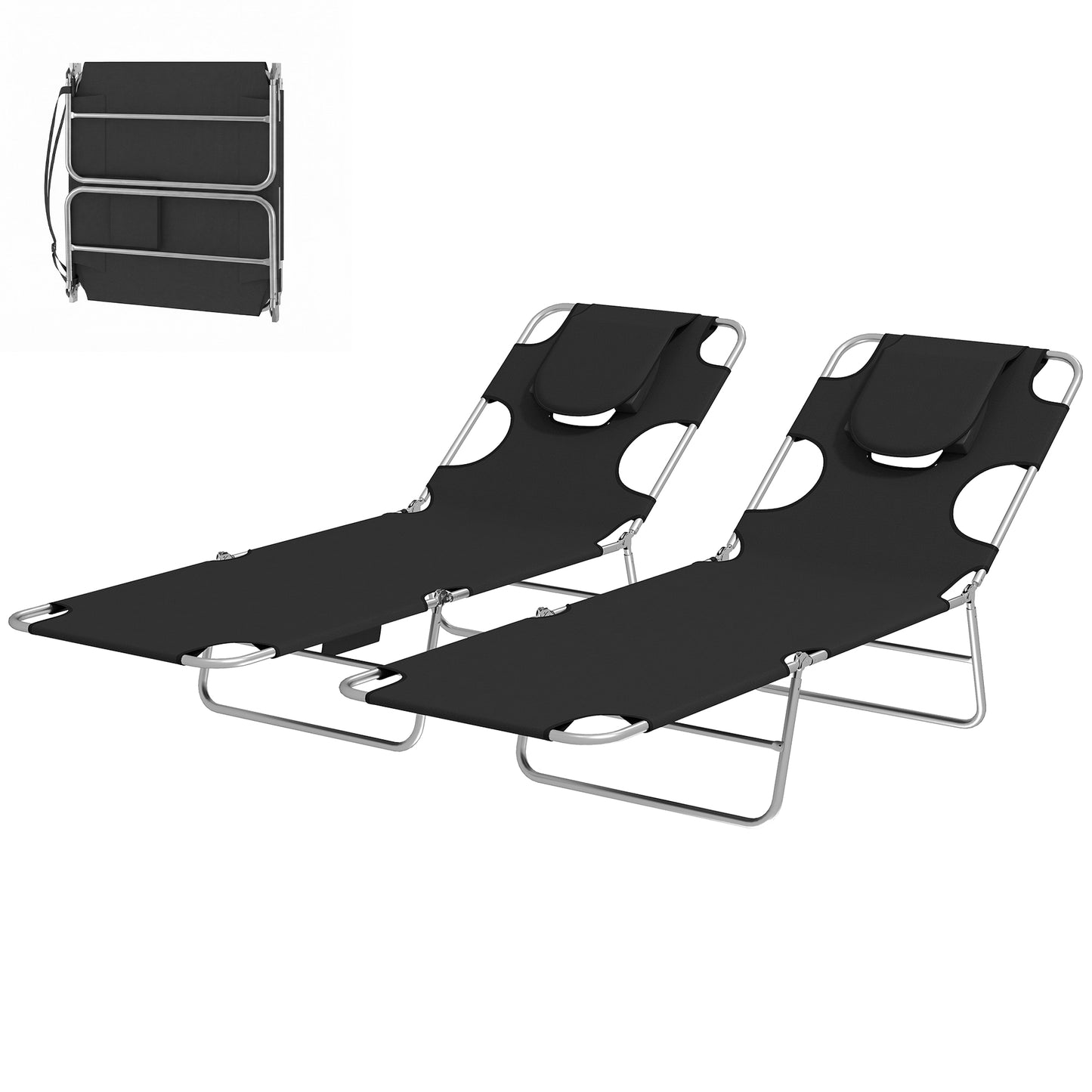 2 Adjustable Tanning Chairs with Face Hole - Outdoor Chaise Lounge Set