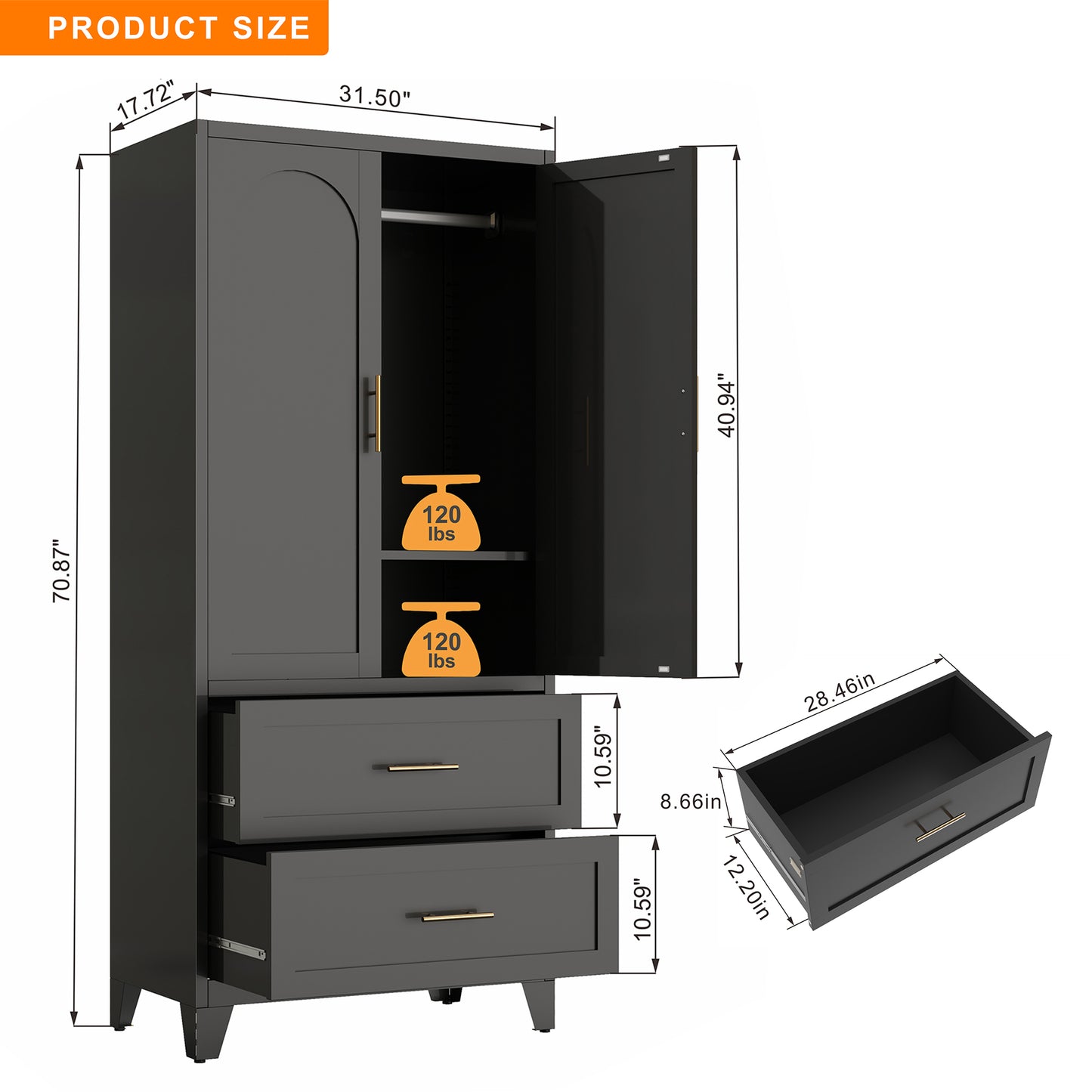 71" Tall Metal Wardrobe Cabinet with 2 Drawers & Shelf - Black