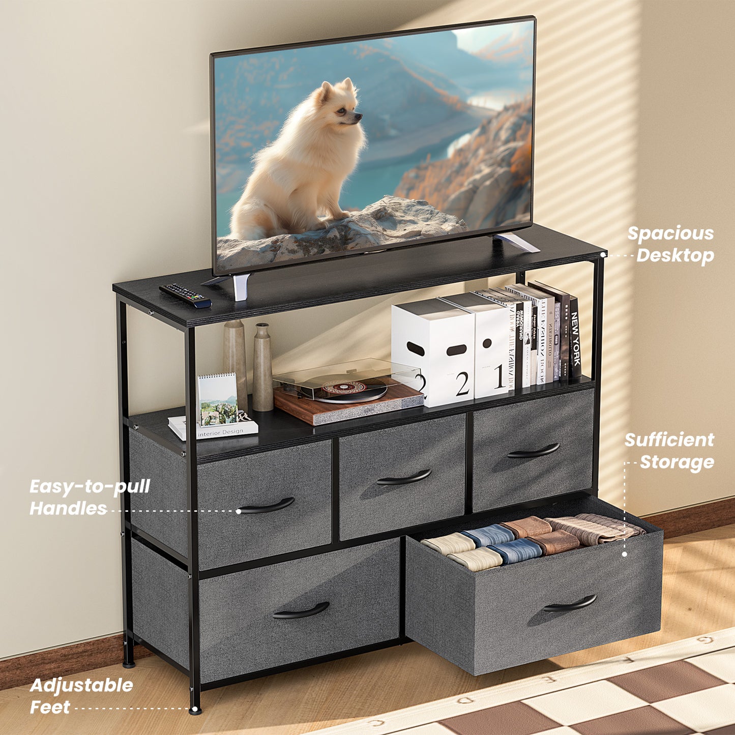 Tall Fabric Storage Tower with Wooden Top for Kids' Rooms