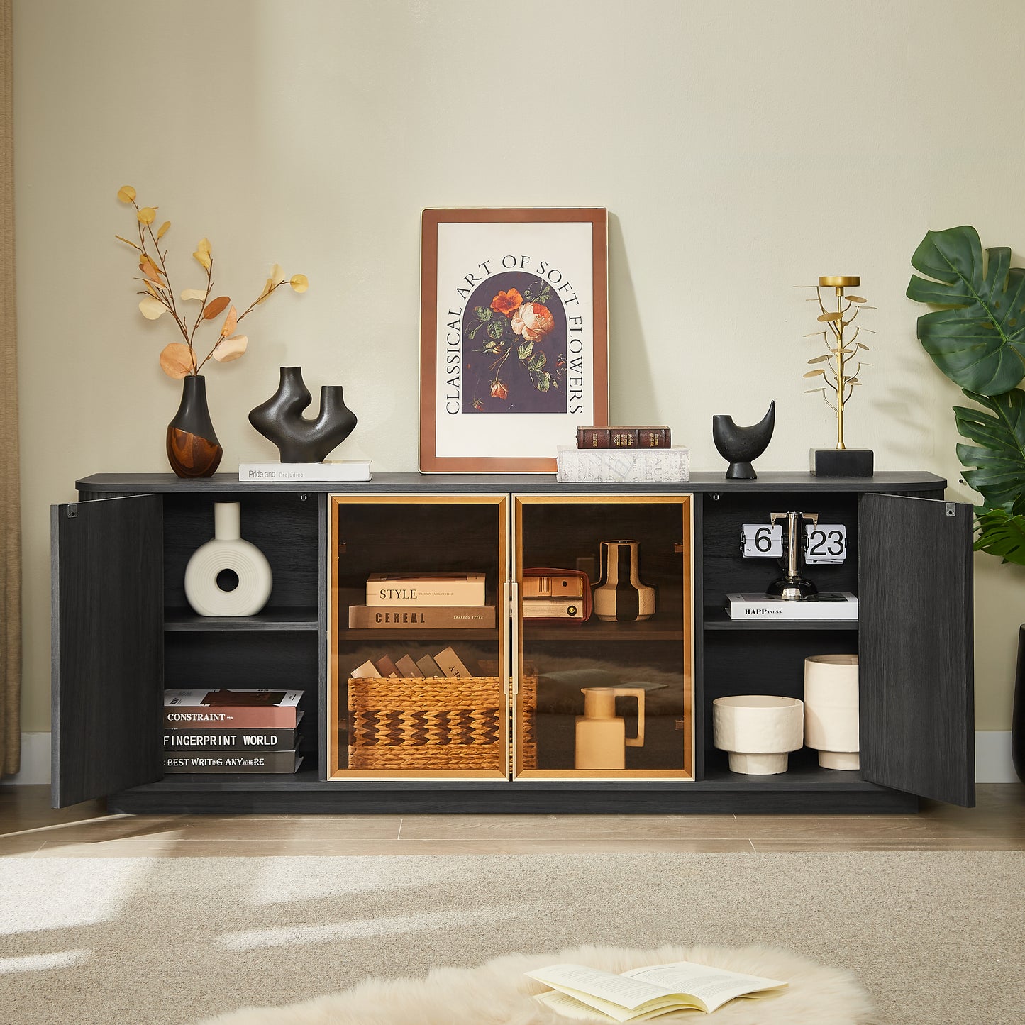 64-Inch Wavy TV Cabinet with Tempered Glass Doors - Black