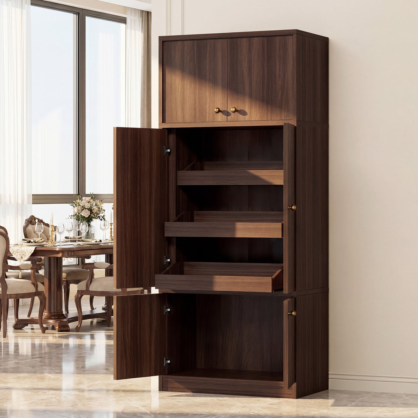 Tall Kitchen Pantry Cabinet - 71 Inch Freestanding Storage with Adjustable Shelves, Walnut Finish