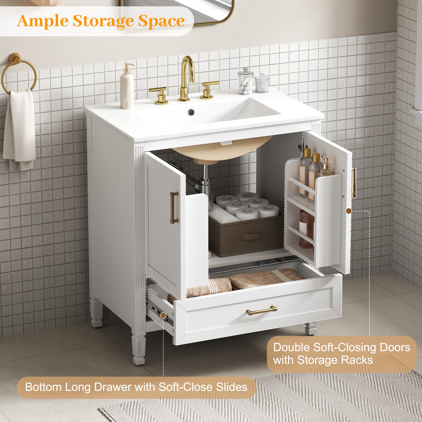 30" Elegant Fluted Bathroom Vanity with Ceramic Sink - White