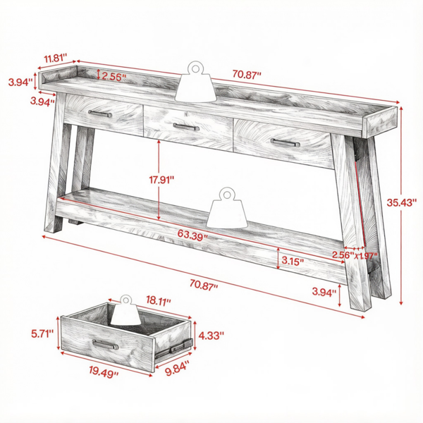 Long Console Table with Storage and Raised Edge - 70.9 Inches