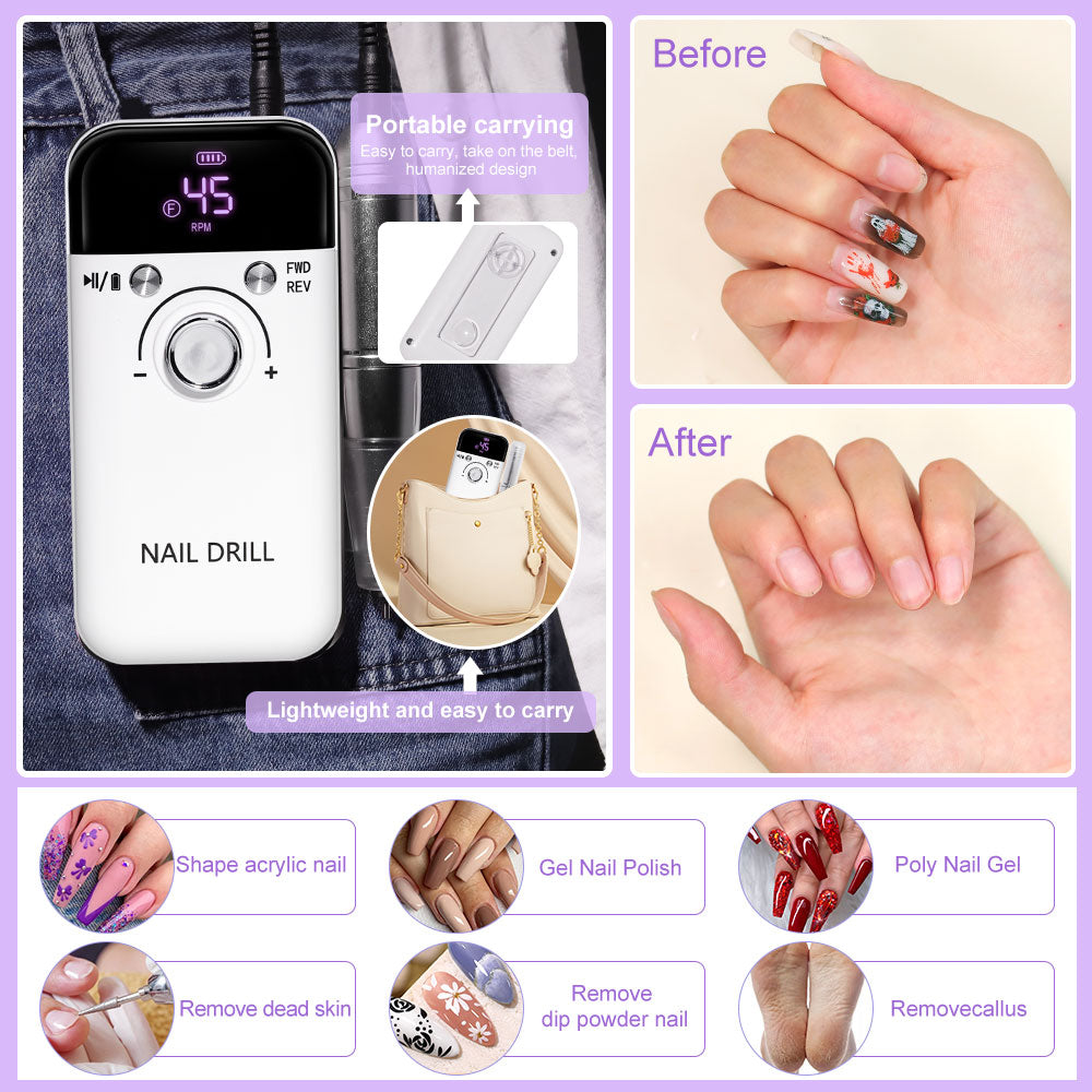 Professional Electric Nail Drill, 45000RPM Rechargeable Portable Nail File Kit
