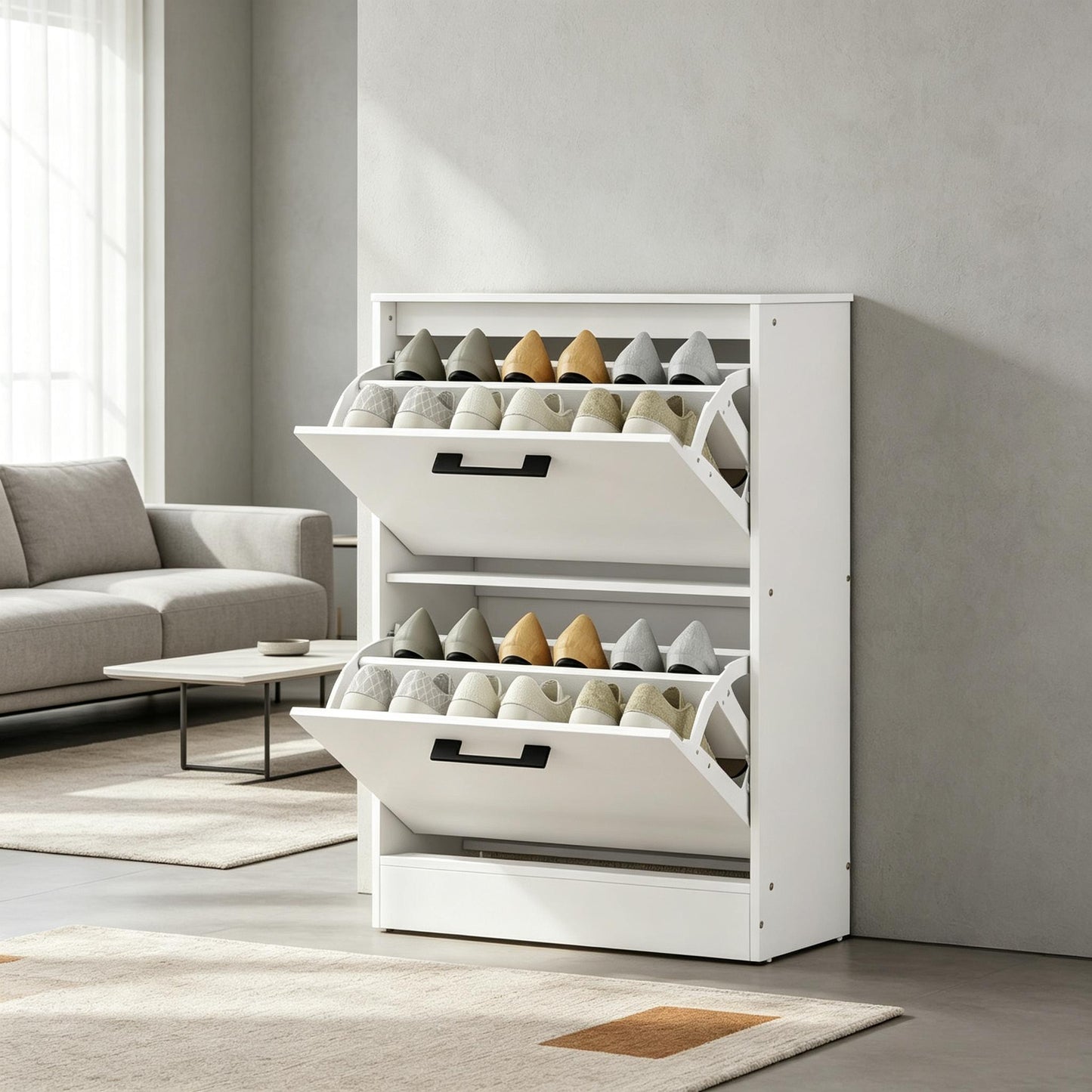 Shoe Cabinet with 2 Flip Drawers & Adjustable Dividers - White
