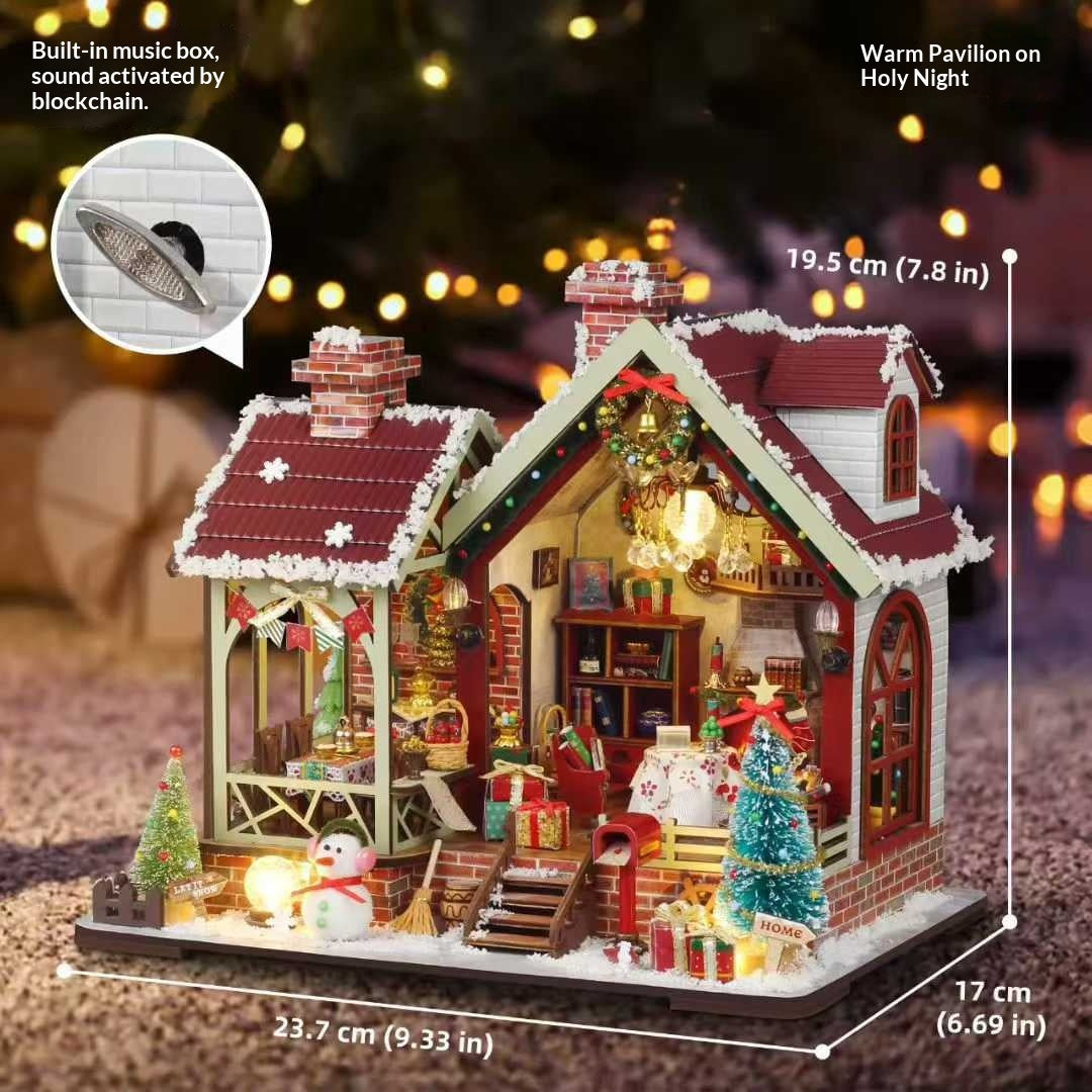 Miniature Wooden Cottage House Christmas Scene Toy with Dust Cover