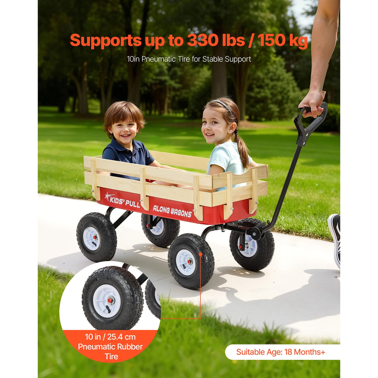 Pull-Along Kid's Wagon 39 Inch All-Terrain Toddler Cart with Wooden Panels & Handle, Supports Up to 330 Lbs, Great for Garden & Beach Fun - Red