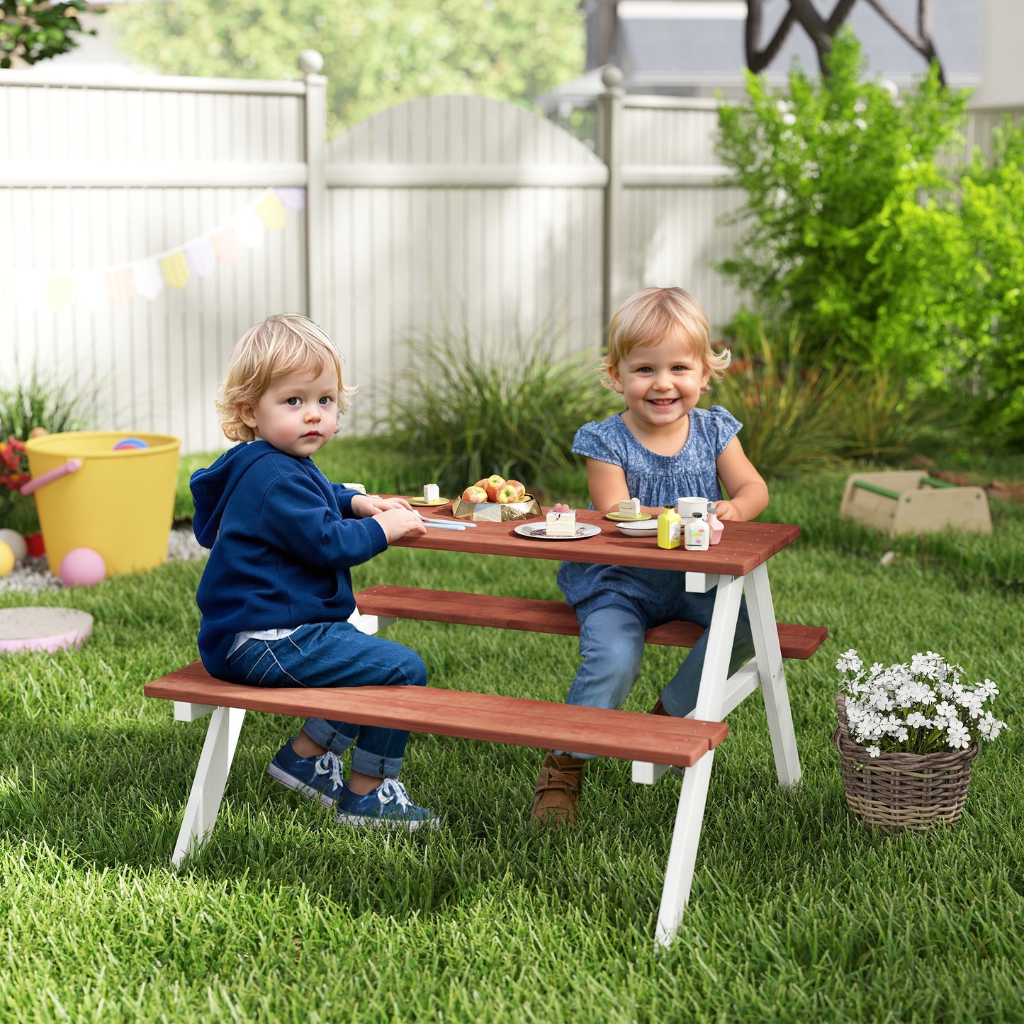 Kids Picnic Table & Bench Set - Outdoor Wooden Furniture, Brown