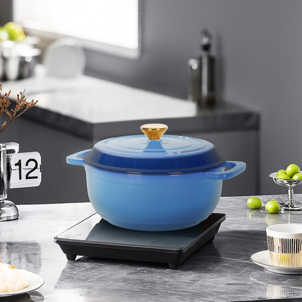 6QT Cast Iron Enamel Cooking Pot - Gradient Blue with Gloves