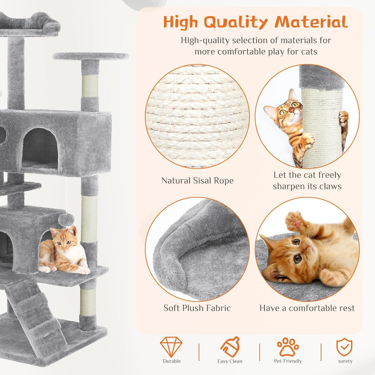 Multi-Level Cat Tree Tower with Sisal Posts, Plush Toys, and Play Areas