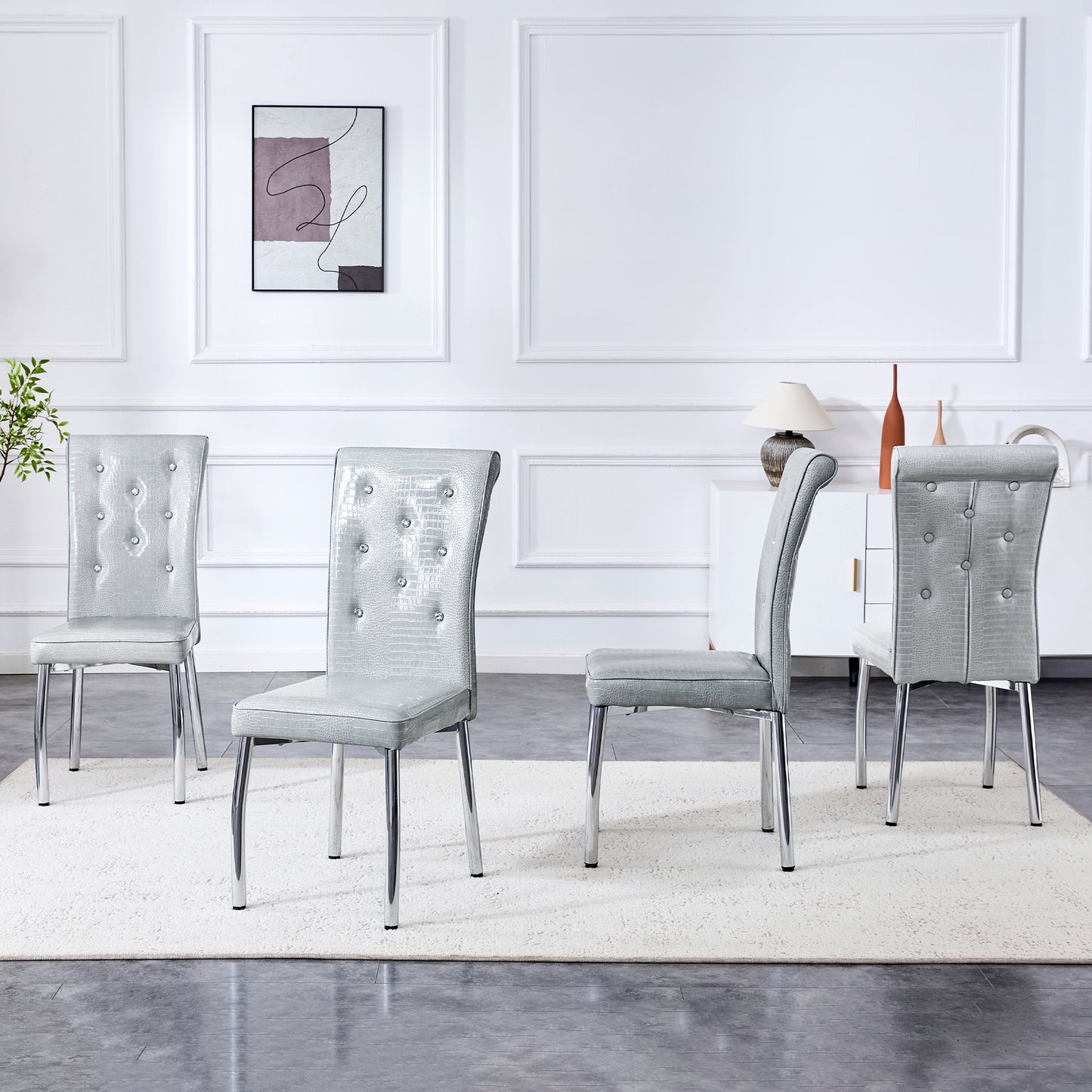 Set of 4 Gray Silvery Vintage Crocodile Leather Dining Chairs