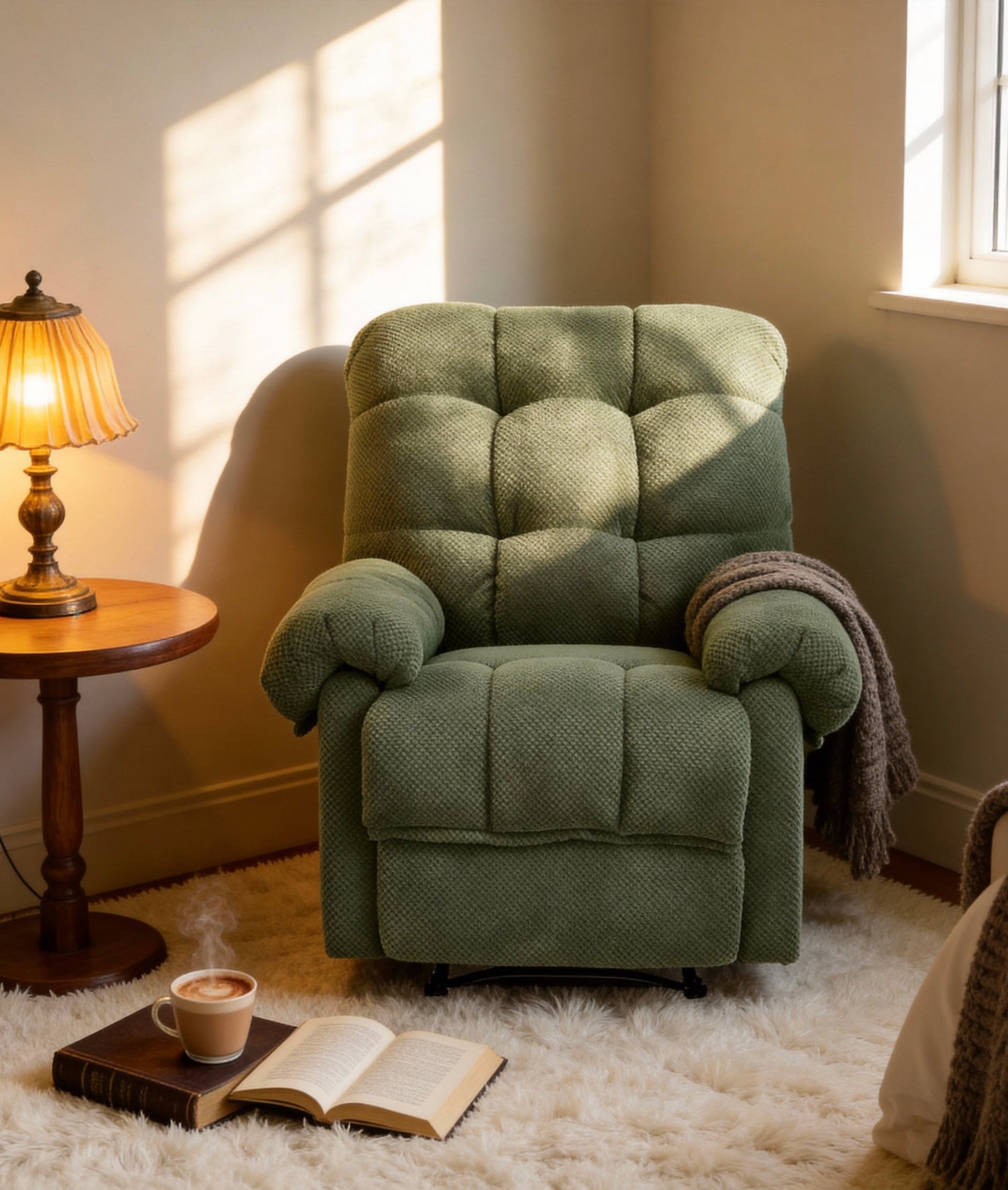 Overstuffed Ergonomic Recliner Chair - Army Green Fabric