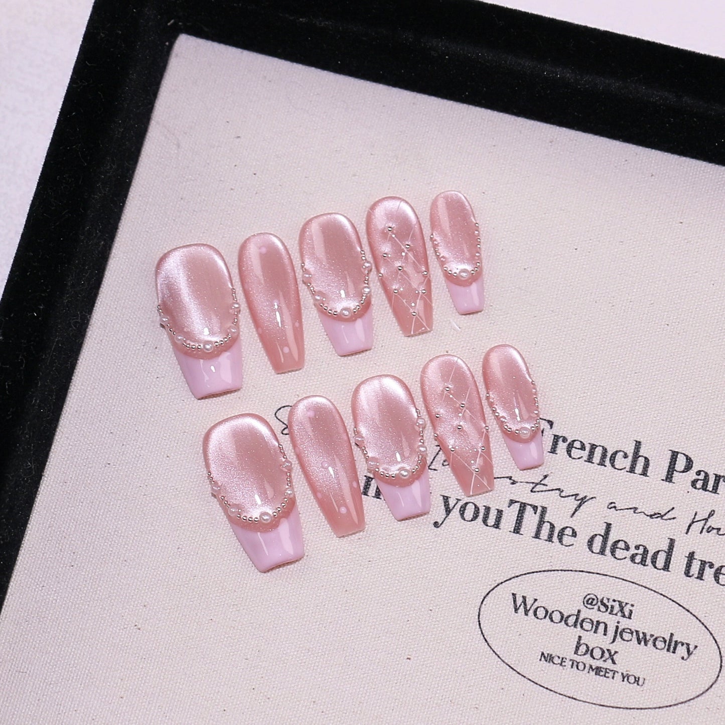 French Pearl Herringbone Cat Eye Nail Stickers - Detachable Nail Art Kit
