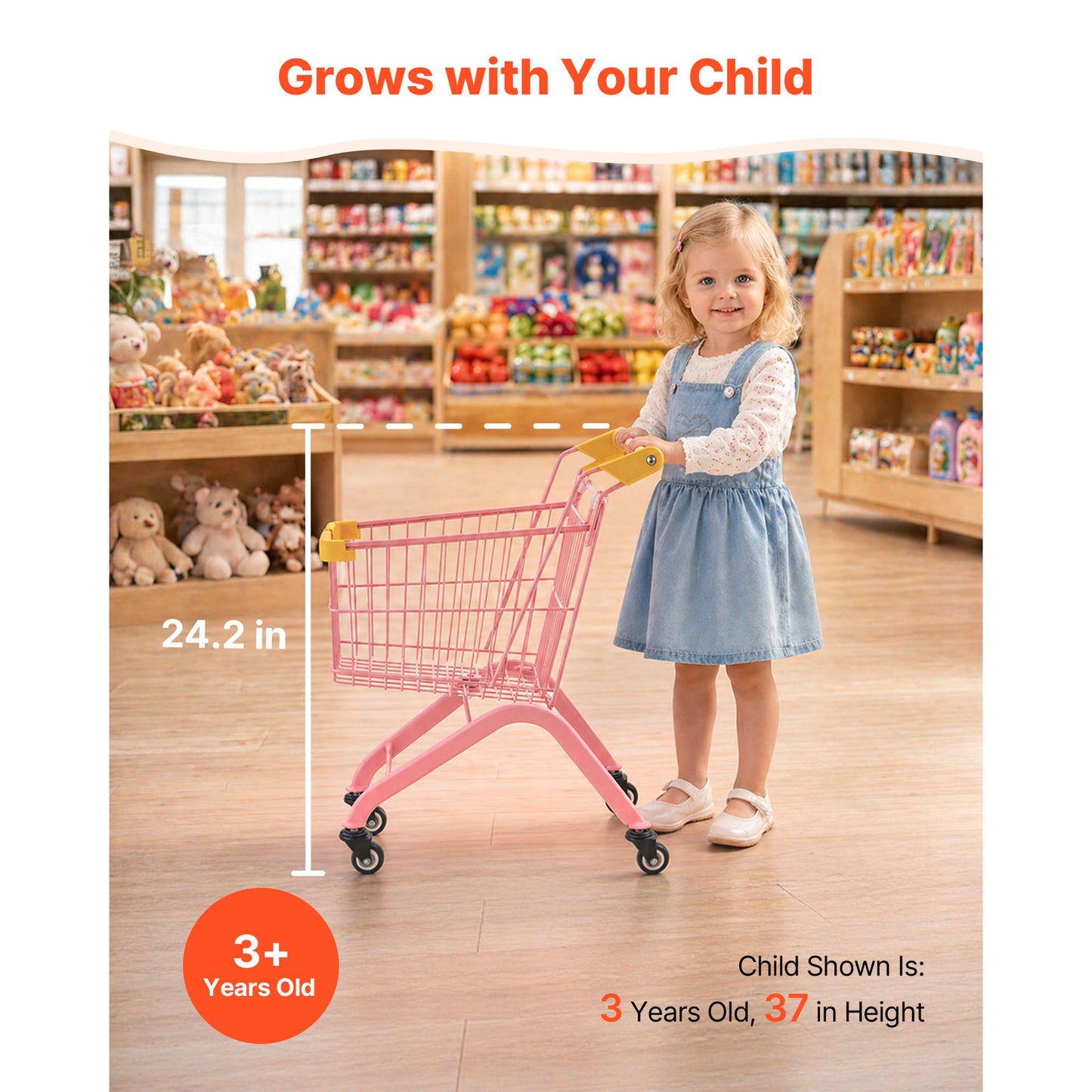 Kids Grocery Shopping Cart with Steel Frame & Wheels - Pretend Play Toy