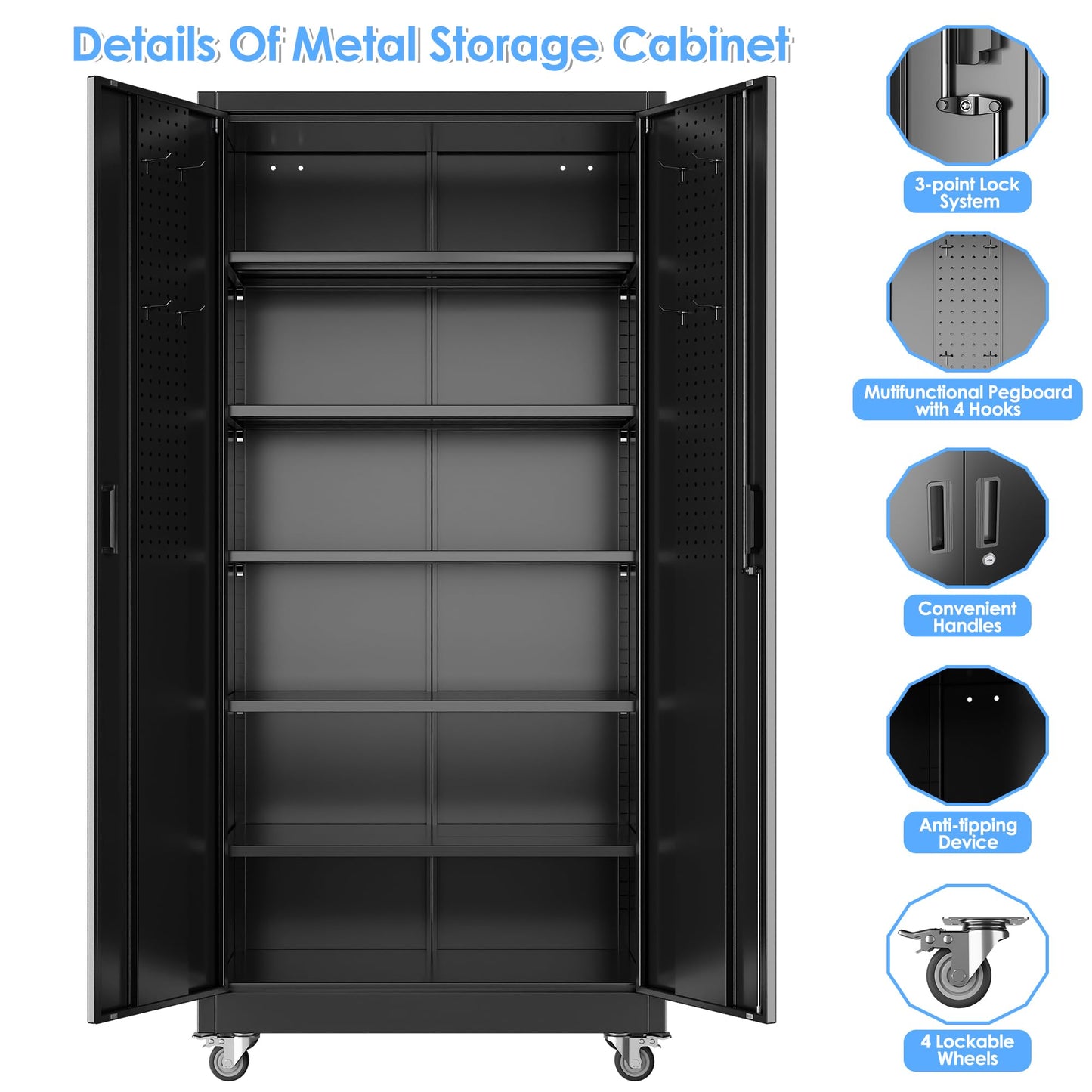Metal Garage Storage Cabinet with Wheels - 34" W, Lockable, 5 Shelves