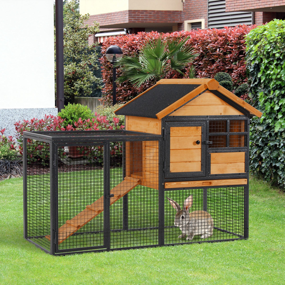 2-Level Rabbit Hutch Bunny Cage with Weatherproof Roof, Removable Tray & Ramp - Outdoor Pet House, Black