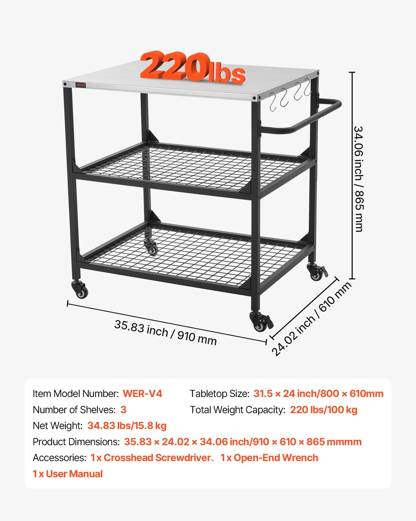 Outdoor Grill Cart with Stainless Steel Surface and 4 Wheels - Garden BBQ Prep Table