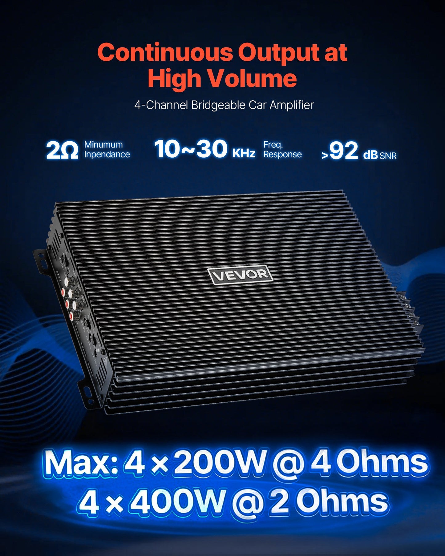 4 Channel Car Audio Amplifier 2 Ohm Stable Class A/B Max Power 200W x 4