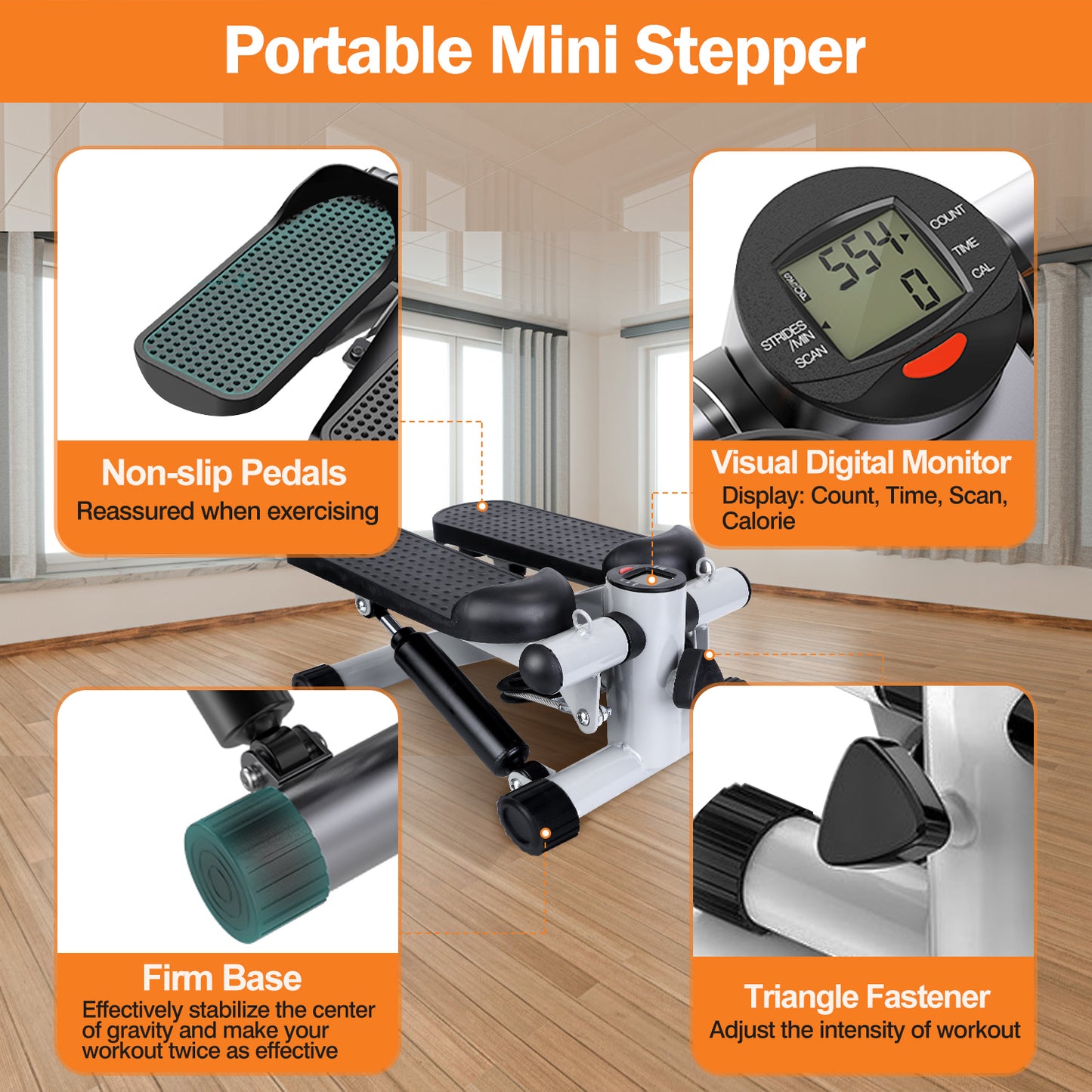 Mini Fitness Stepper with Resistance Bands & LCD Monitor - Grey