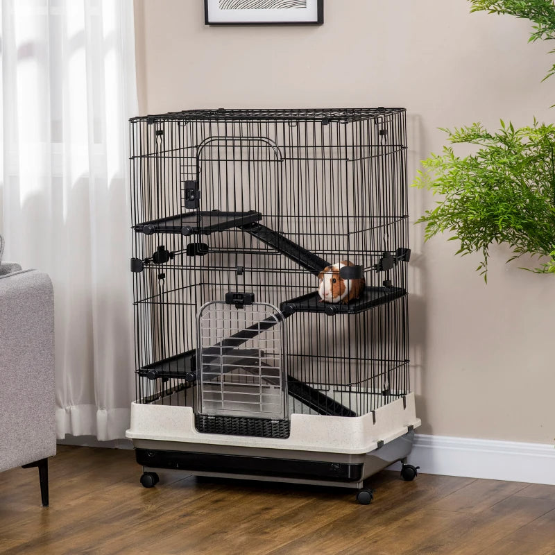 Small Animal Cage with Lockable Wheels, Slide-Out Tray for Rabbits, Chinchillas, Ferrets - Black