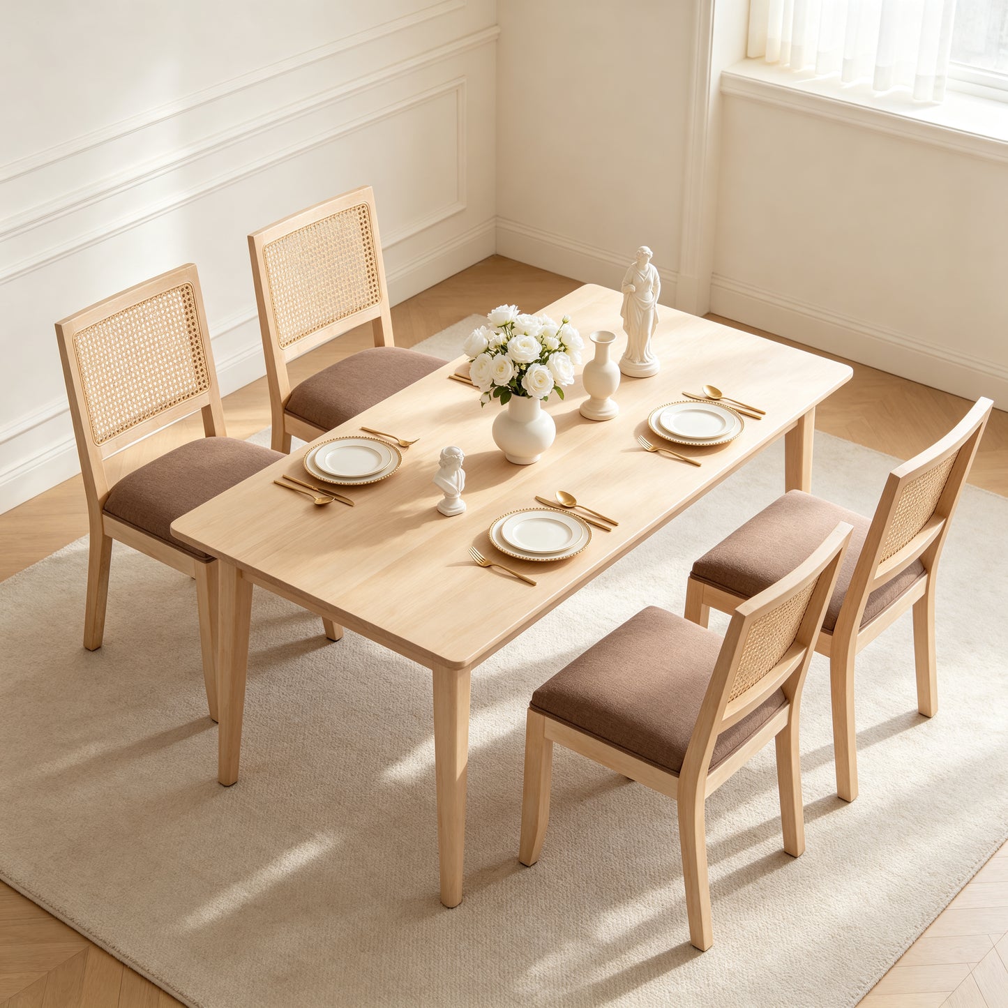 Rattan Dining Chairs Set of 2 - Mid Century Modern Tan