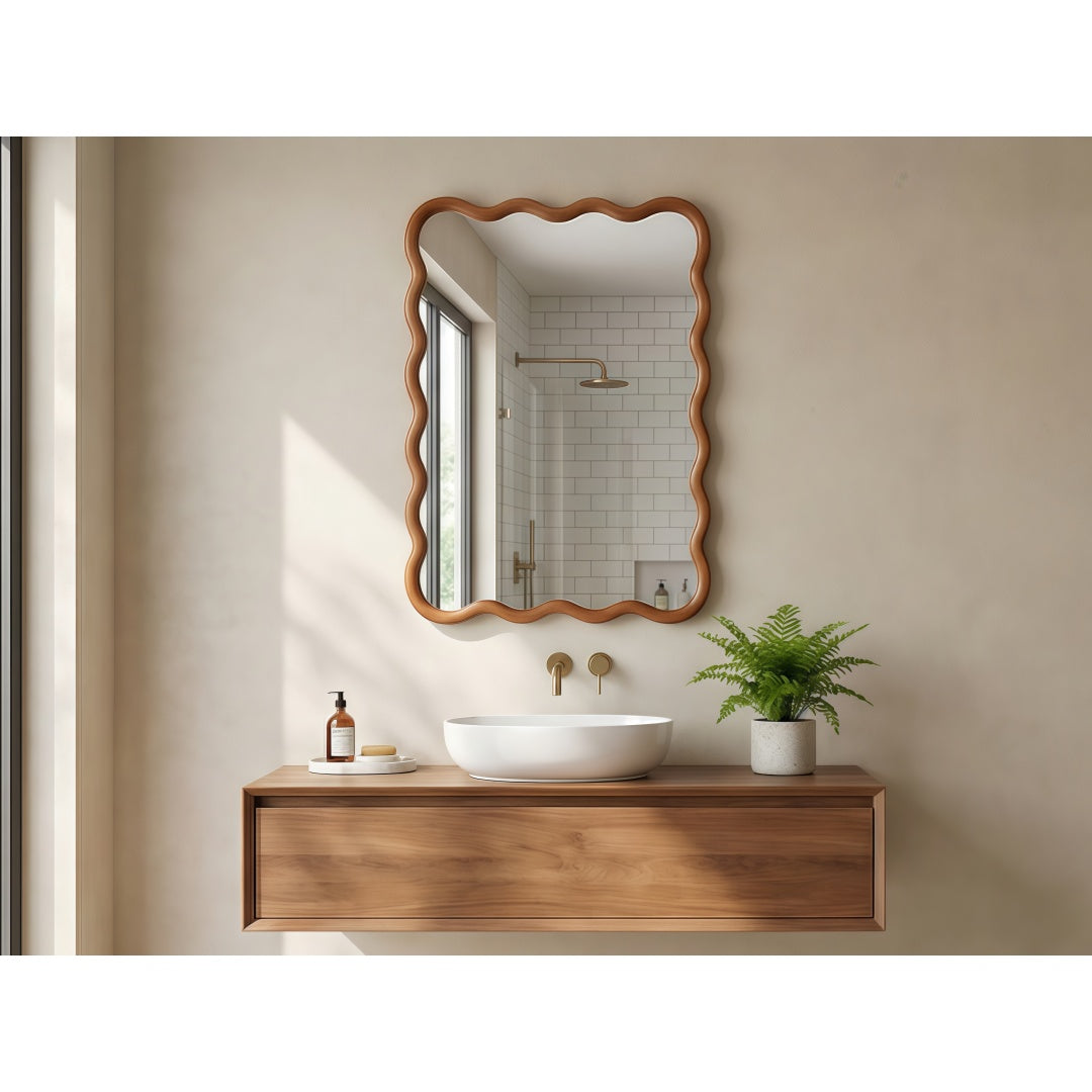 Wavy Rectangle Solid Wood Frame Decorative Mirror - Yellowish Brown 20x30