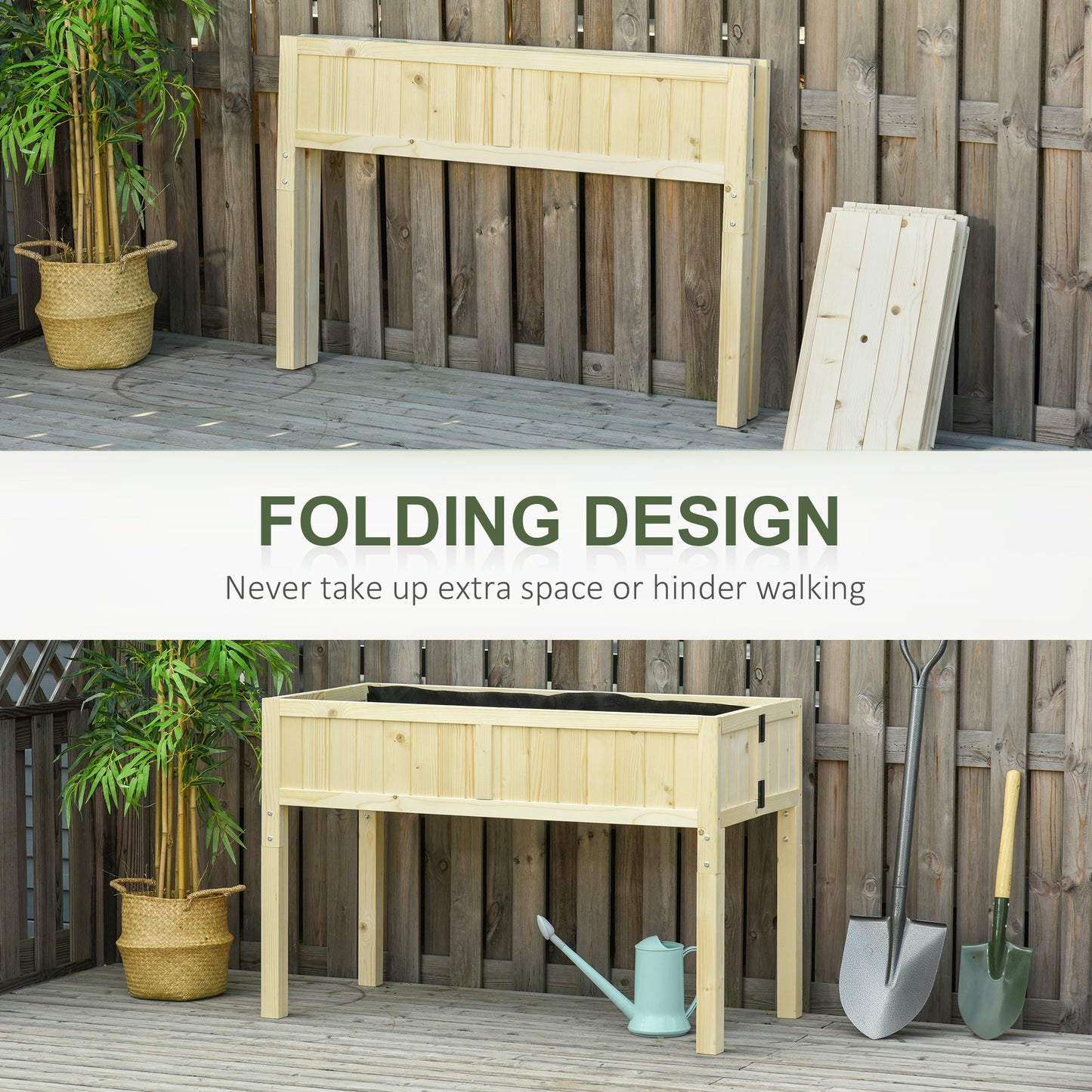 Foldable Wooden Raised Garden Bed with Drainage Holes & Inner Liner - Natural Fir Wood, 1195x150x400 mm