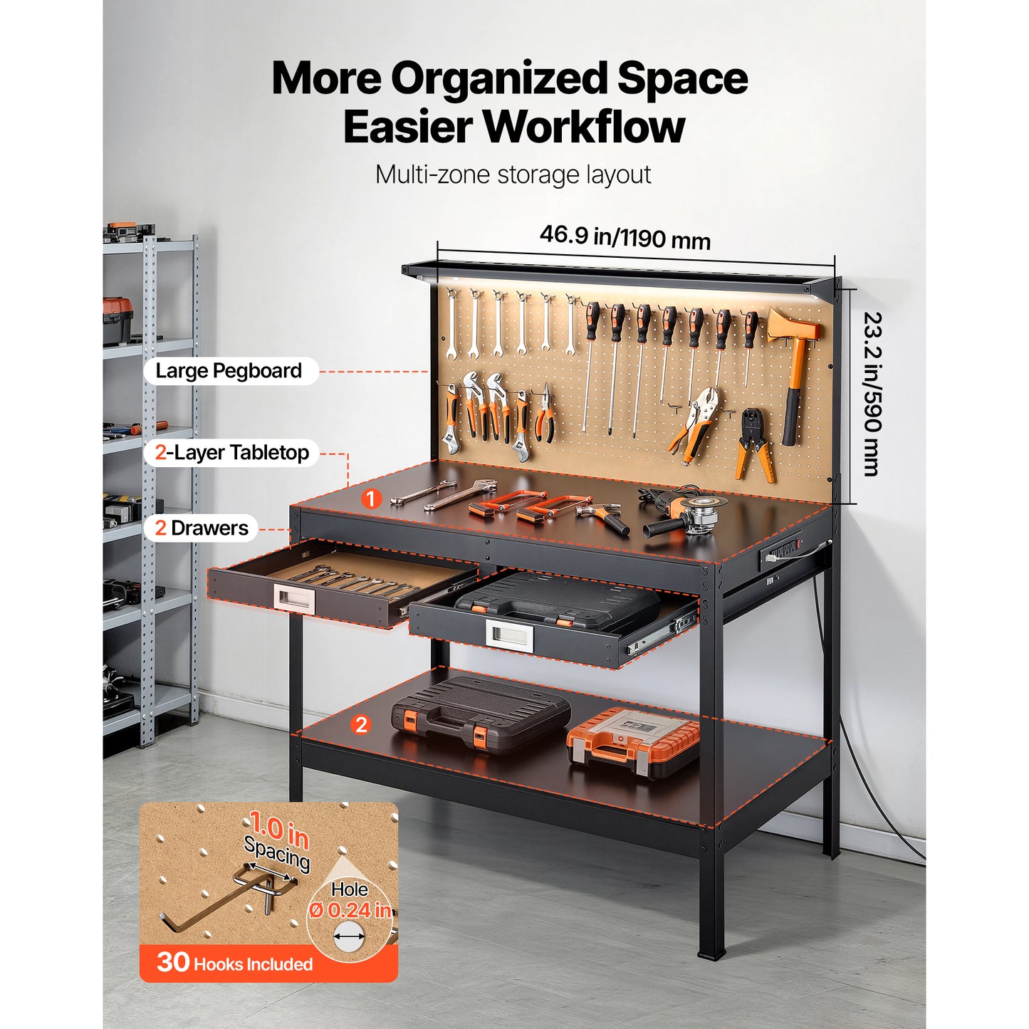 Heavy Duty Workbench with Pegboard, Outlets & USB Ports - 47.2 Inch Garage Work Table