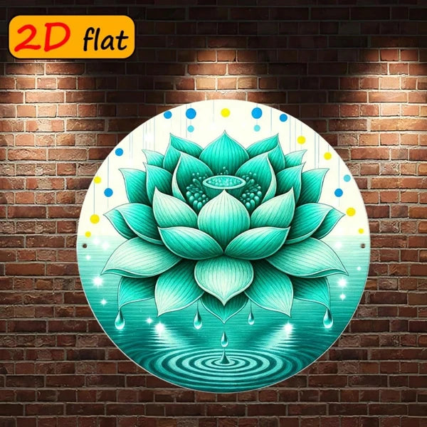 Fresh Green Lotus Droplet Round Sign - 7.87 inch Metal Plaque
