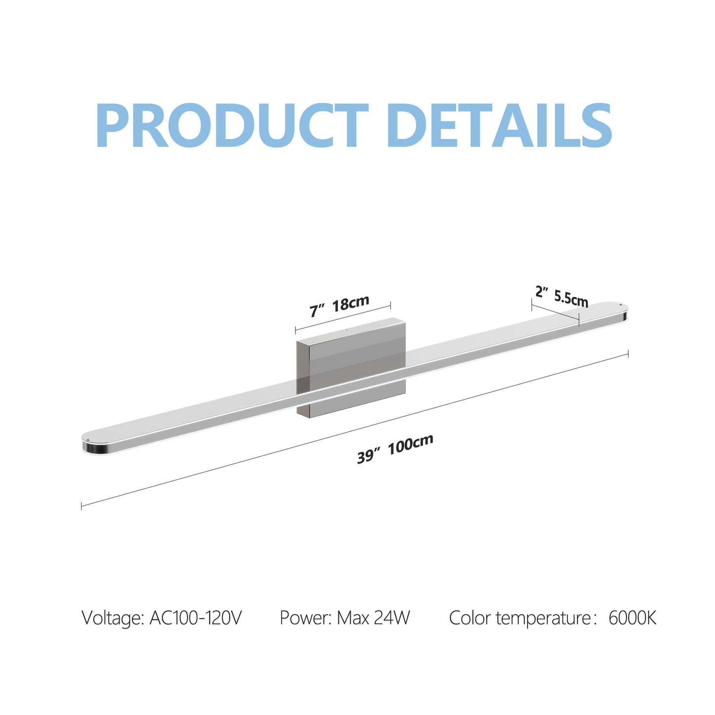 39-Inch Dimmable LED Vanity Light for Bathroom Mirror Chrome Finish 24W