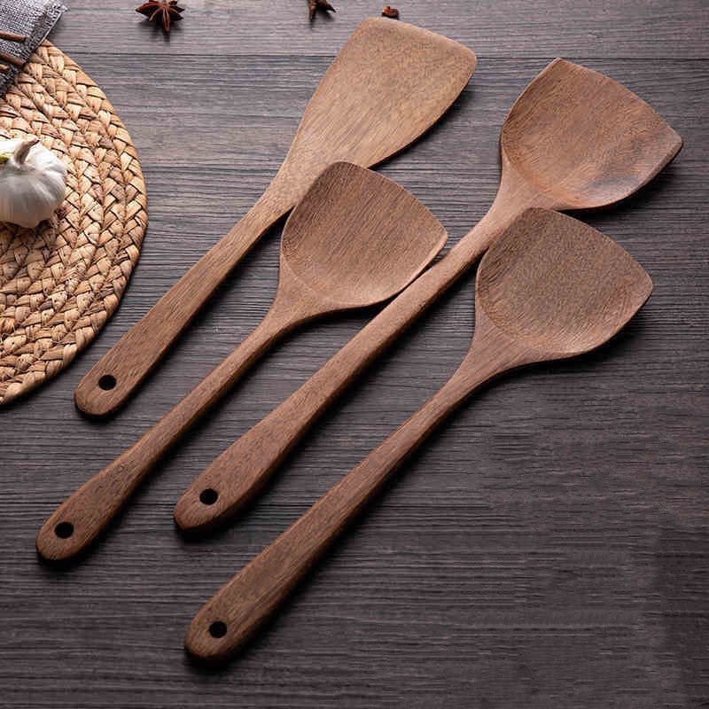 Long Handle Kitchen Spatula for Non-Stick Pans - Wooden Cooking Utensil Set