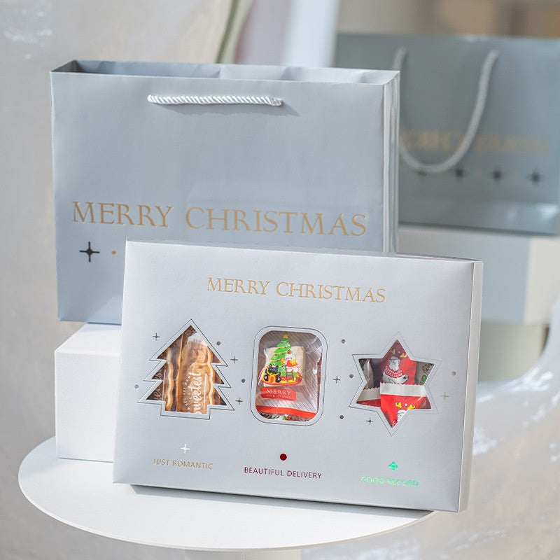 Christmas Pastry Packaging Box Set with Bear & Snowflake Ties - Holiday Cookie Gift Box