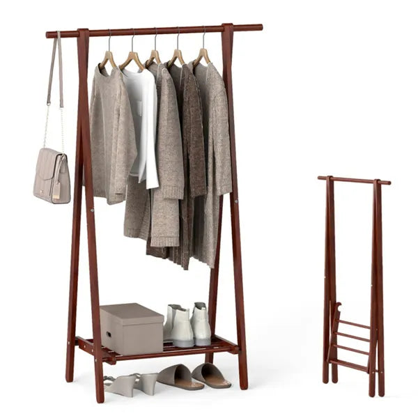 Folding Coat Rack - Solid Rubber Wood A-Frame with Shelf