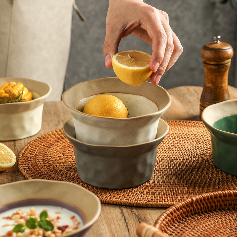 Retro Ceramic Kitchen Bowl Set with Spoons - Handmade Stoneware Dinnerware