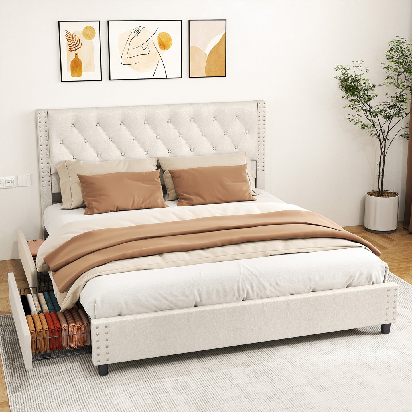 King Size Upholstered Bed Frame with Headboard & 4 Drawers