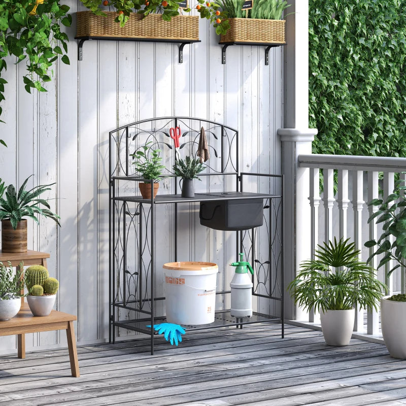 Folding Garden Potting Bench Table with Storage Bag & Hooks - Black