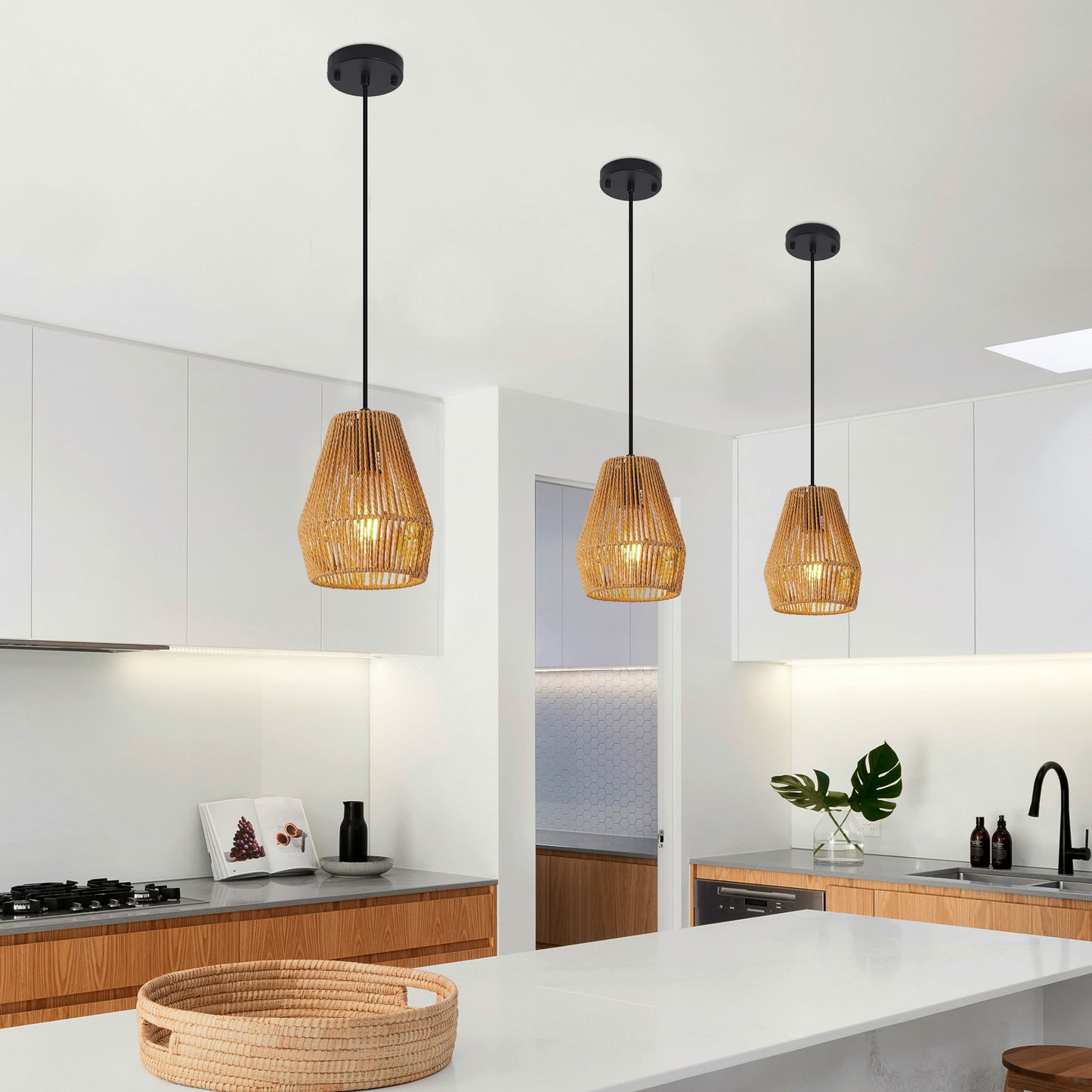 7-Inch Set of 3 Rustic Hemp Rope Pendant Lights - Farmhouse Ceiling Fixtures