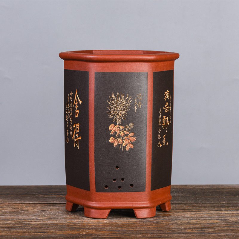 Hexagonal Yixing Clay Orchid Pot with Base Stand Handmade - Garden Planter