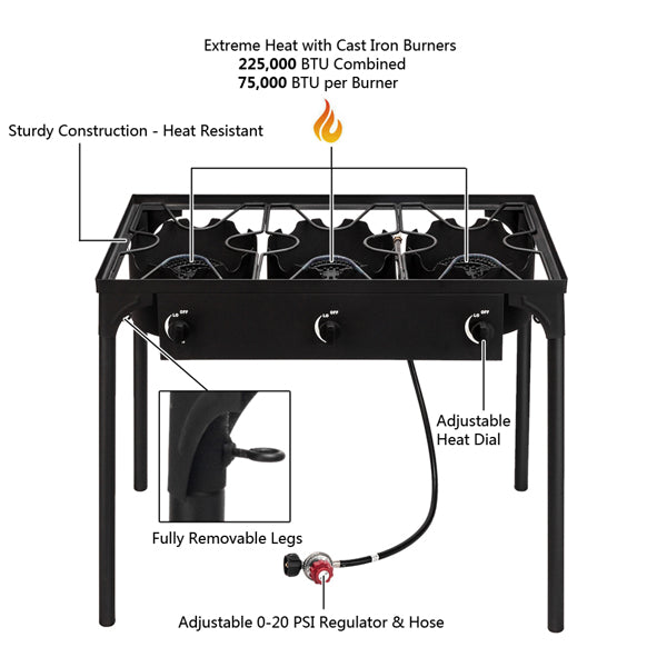 High-Power Three Burner Gas Stove - 225,000 BTU, Cast Iron