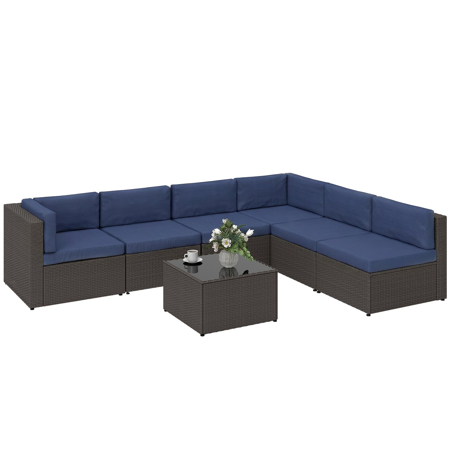7-Piece Outdoor Rattan Sofa Set with Glass Coffee Table