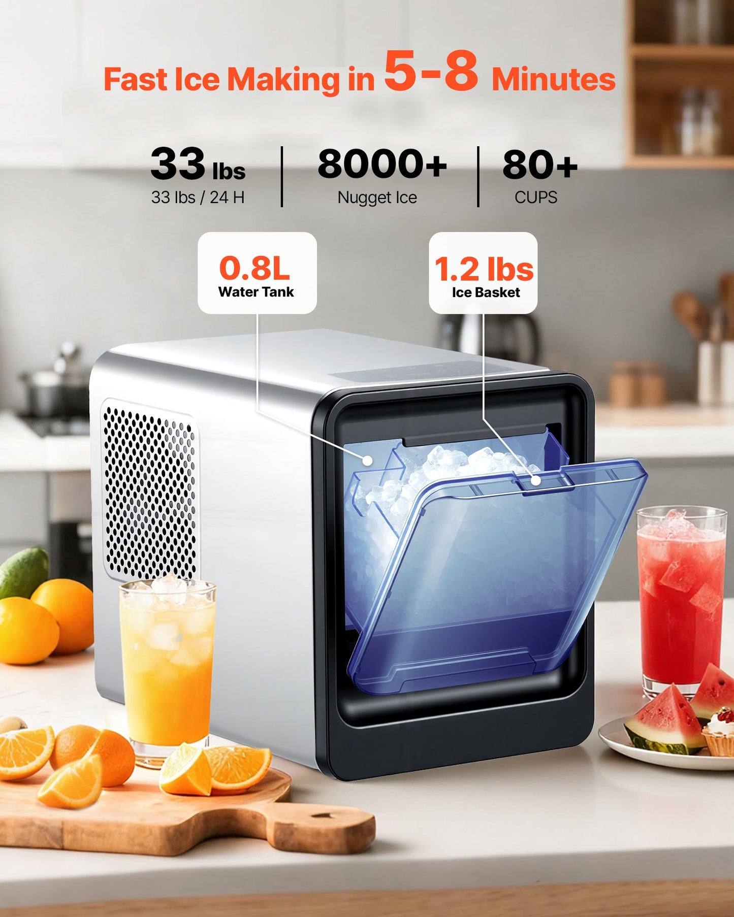 Portable Countertop Ice Maker - 33 Lbs Daily, Chewable Nugget Ice, Self-Cleaning, Black