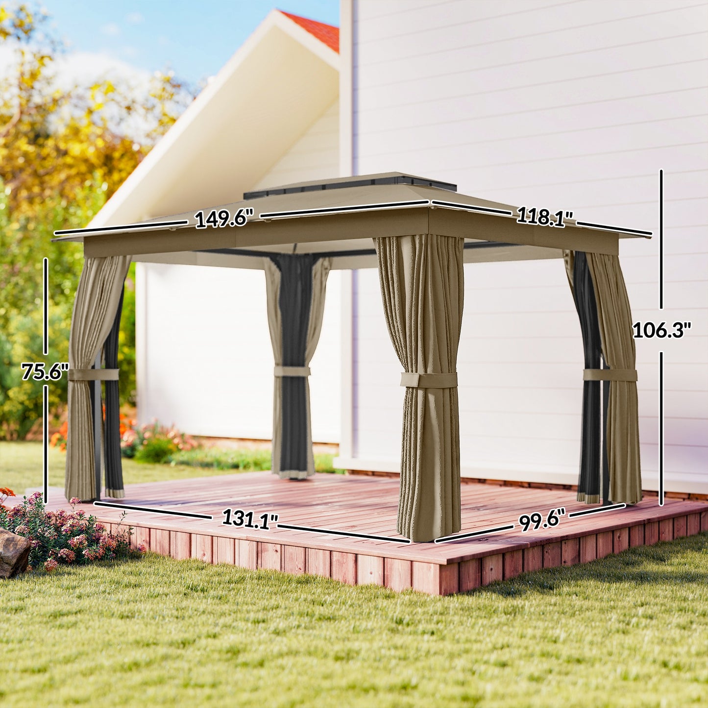 Outdoor Patio Gazebo with Double-Tier Roof - Khaki